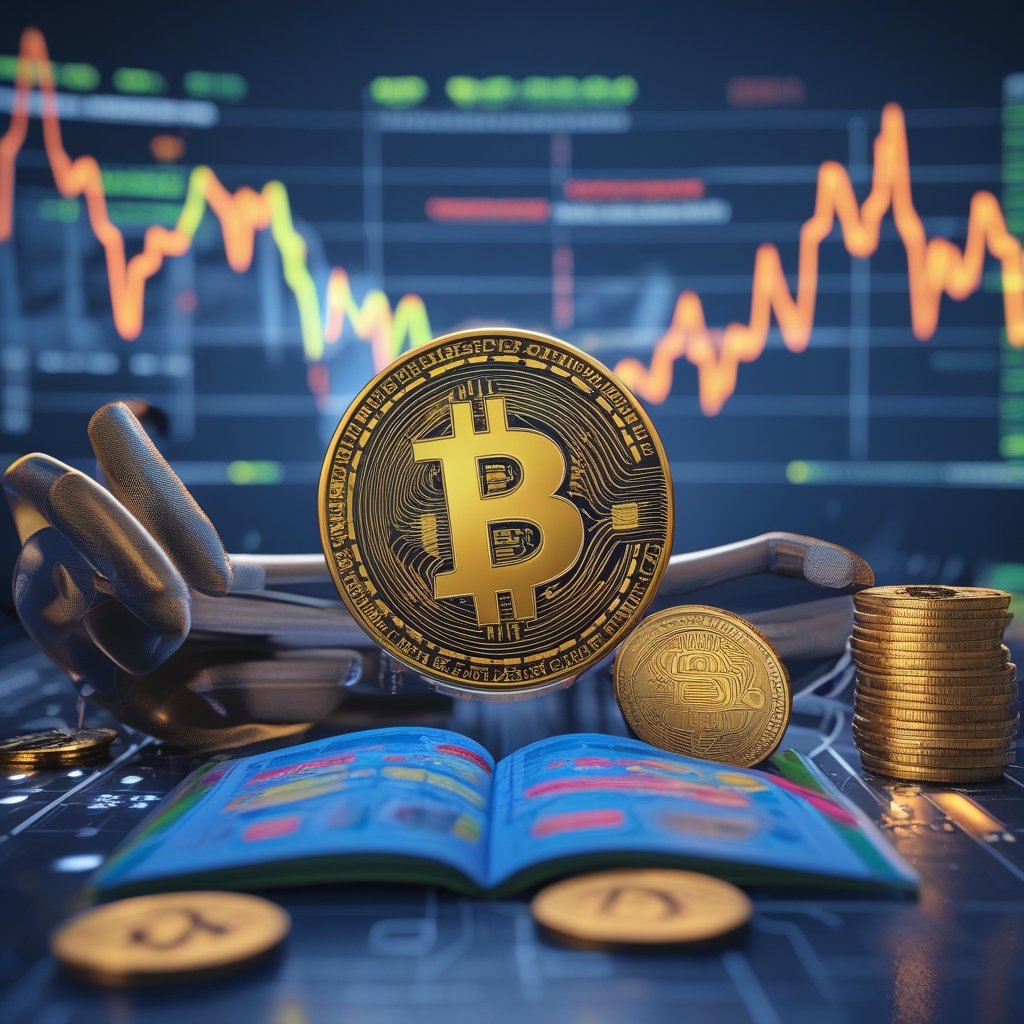 Bitcoin price December 2025: A child reading a colorful book about money with Bitcoin symbols and other digital coins on the pages.