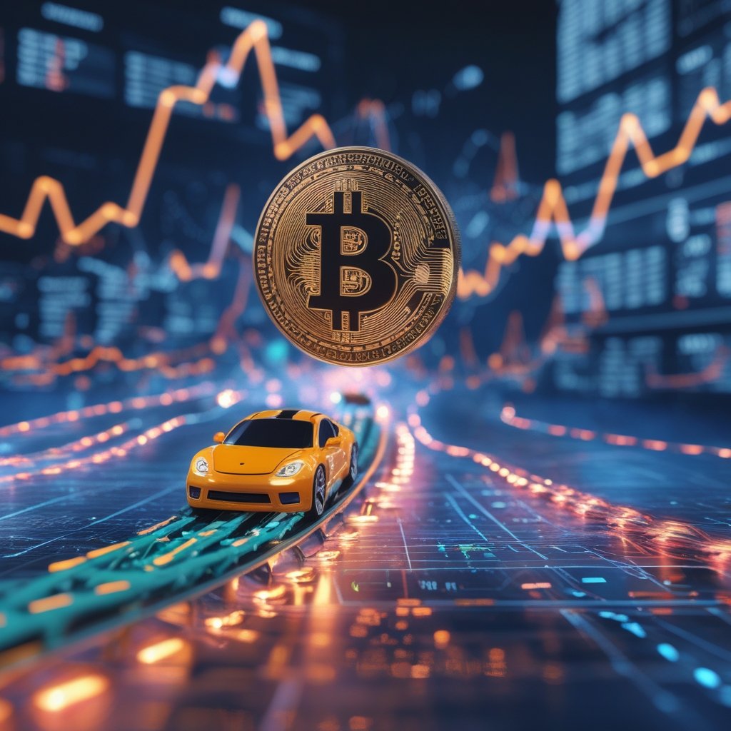 Bitcoin price December 2025: A colorful roller coaster track with a Bitcoin symbol as the car, showing ups and downs to represent price changes.