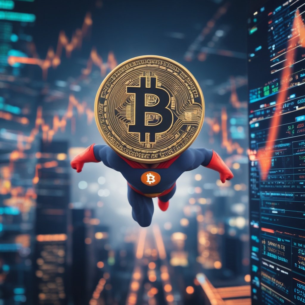 Bitcoin price December 2025: A friendly cartoon superhero flying over a city with a Bitcoin symbol on their chest, showing strength and resilience.