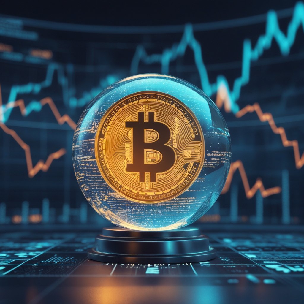 Bitcoin price analysis: A simple cartoon showing a crystal ball with Bitcoin inside, representing the uncertain future