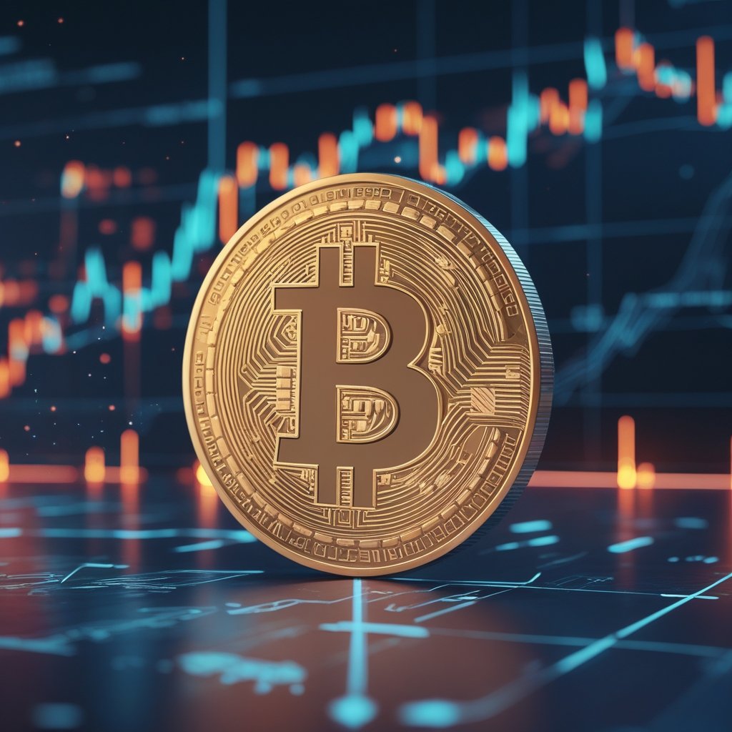 Bitcoin price analysis: A simple cartoon showing a smiling Bitcoin coin with a price tag and arrows going up and down