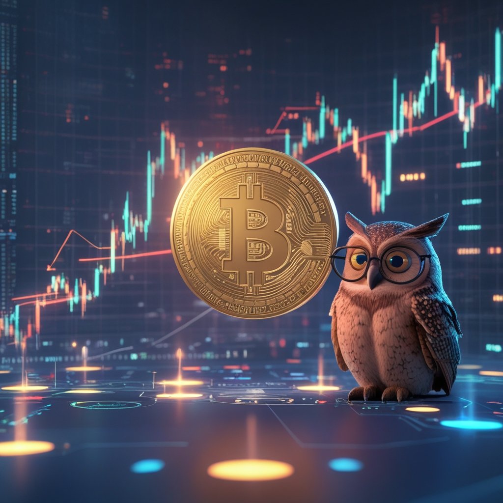 Bitcoin price cycle: A friendly cartoon of a wise owl wearing glasses, sitting next to a simple chart with up and down arrows