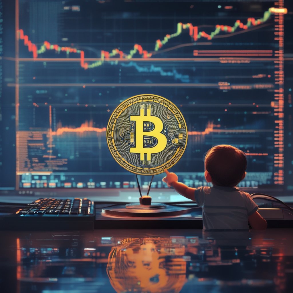 Bitcoin price cycle: A simple cartoon of a smiling Bitcoin coin on a computer screen with a child pointing at it