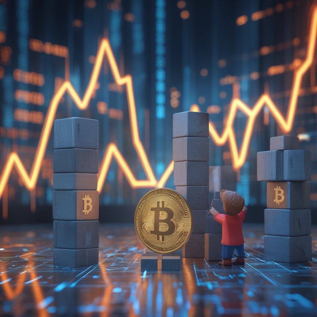 Bitcoin price cycle: A simple drawing showing small kids playing with blocks and big workers adding larger blocks to the same tower