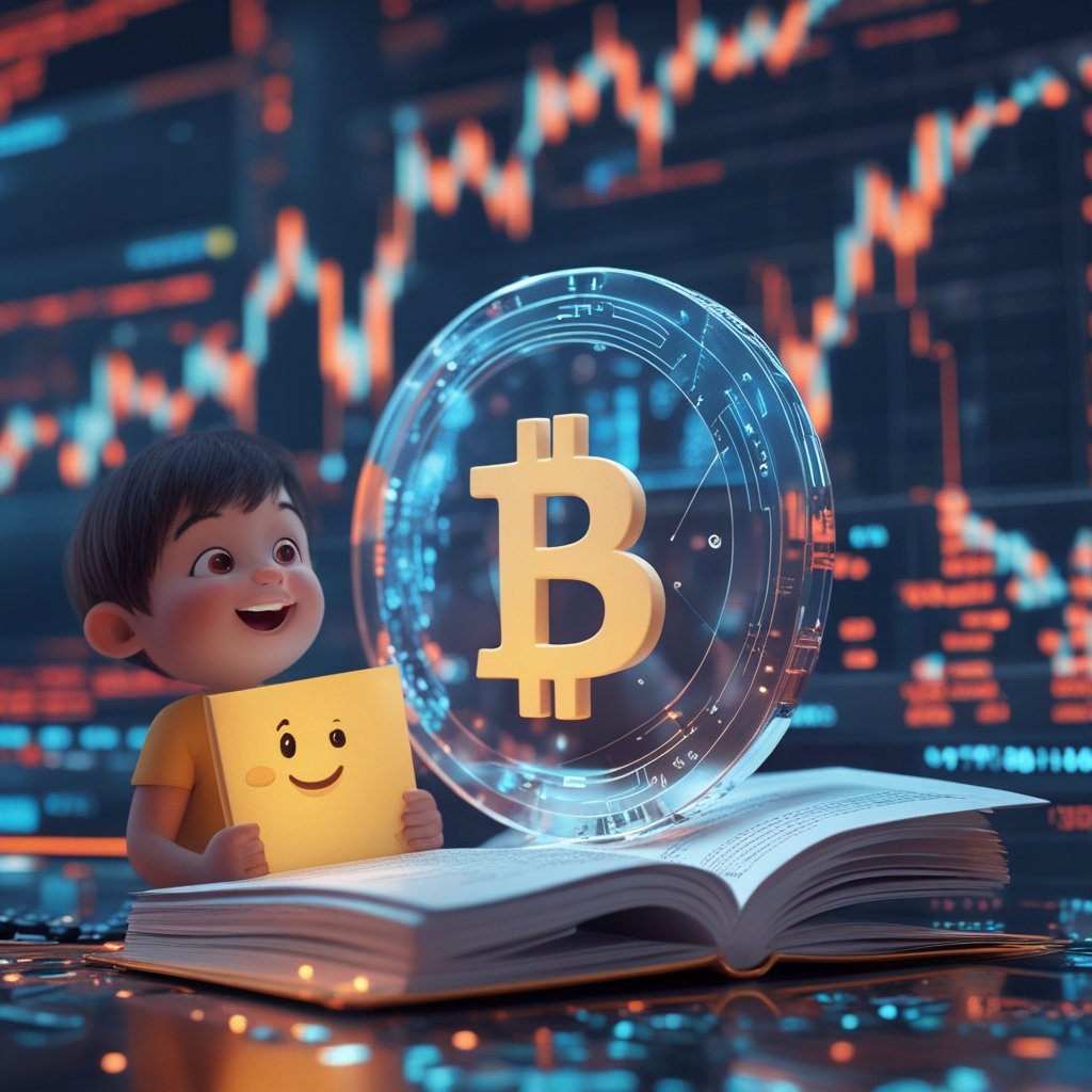 Bitcoin price dip: A bright, cheerful cartoon of a child reading a book about computers and money, with a smiling Bitcoin in the corner