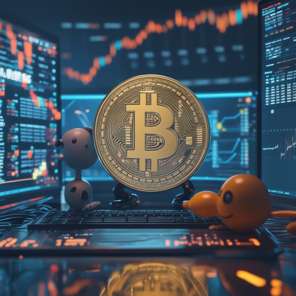 Bitcoin price dip: A friendly cartoon character looking at a computer screen with Bitcoin numbers going down