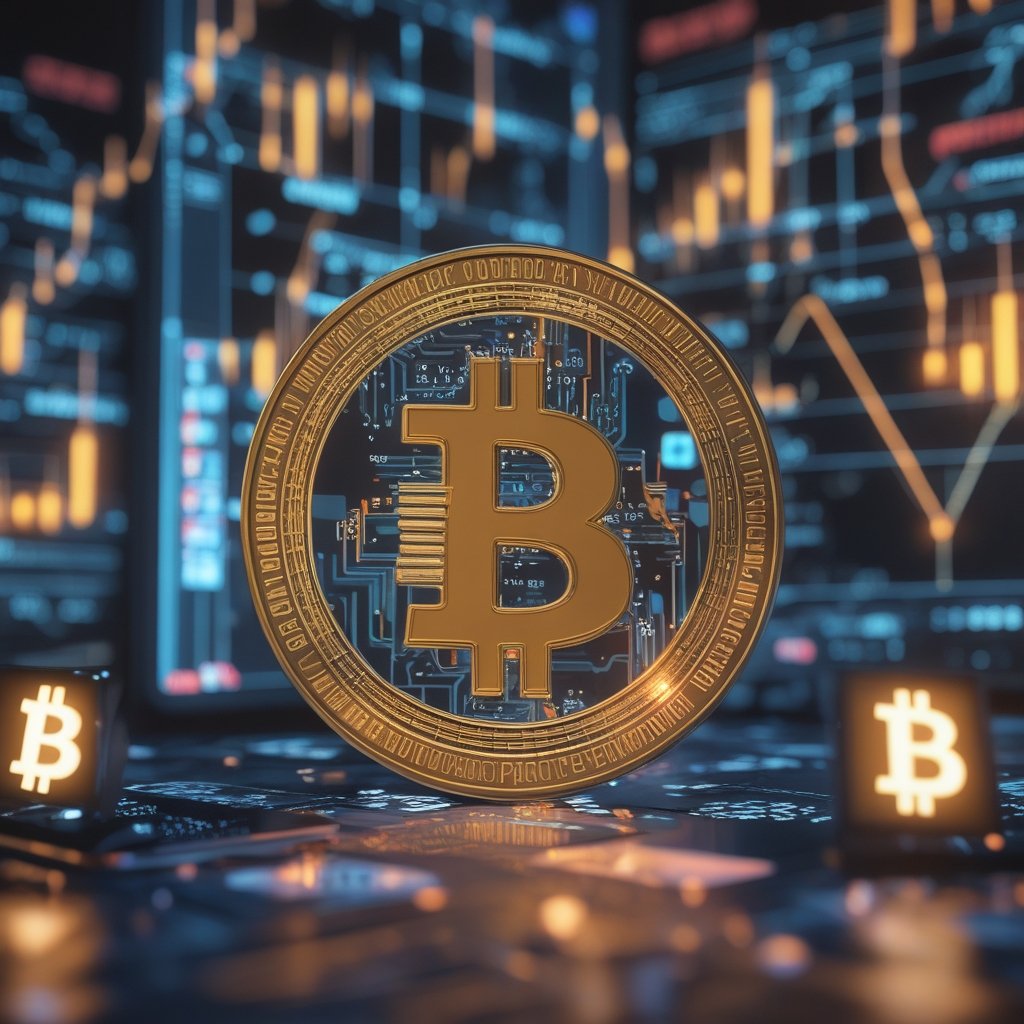 Bitcoin price dip: A simple cartoon of a sad Bitcoin coin with a frowny face, surrounded by tiny computer screens showing falling numbers