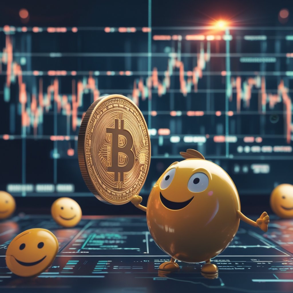 Bitcoin price drop: A friendly cartoon character looking at a chart with happy faces...