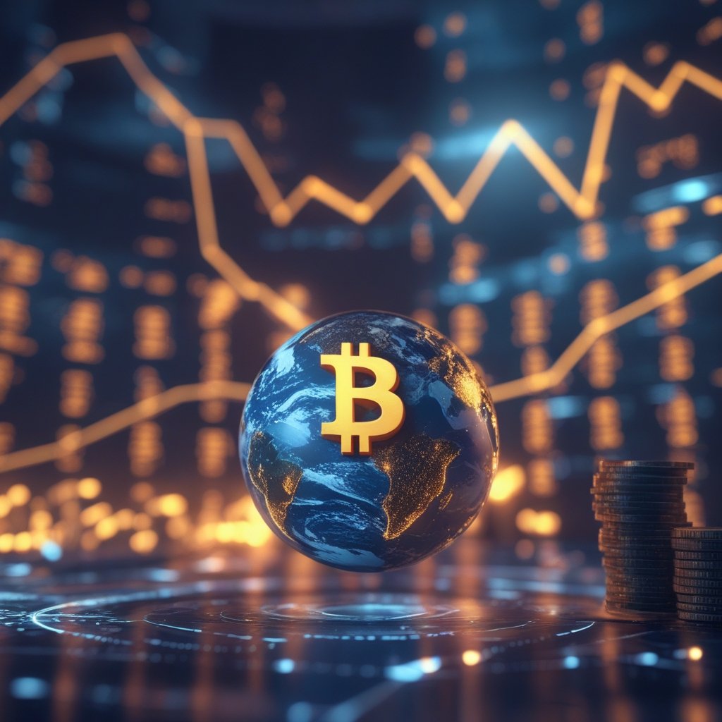 Bitcoin price drop: A happy cartoon Earth with Bitcoin coins orbiting like moons...