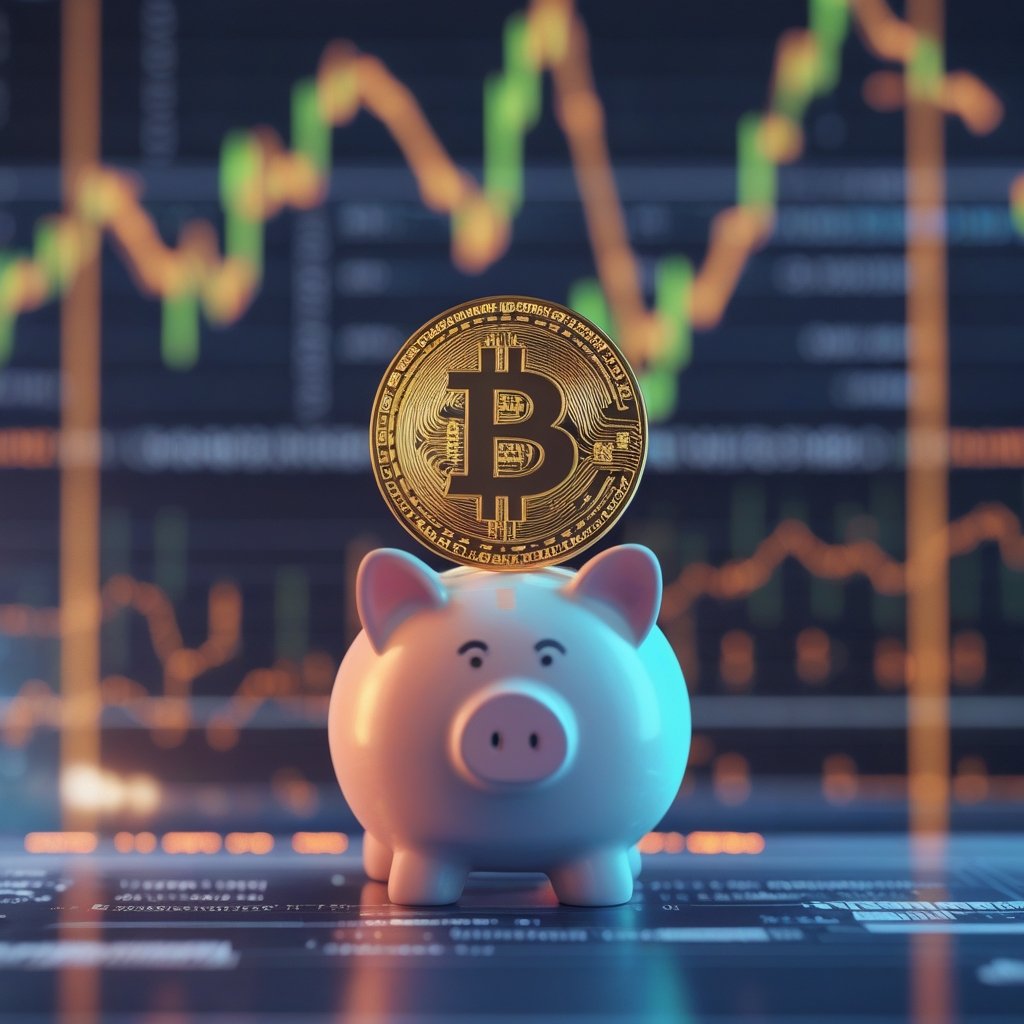 Bitcoin price drop: A smiling cartoon Bitcoin coin sitting on a piggy-bank...