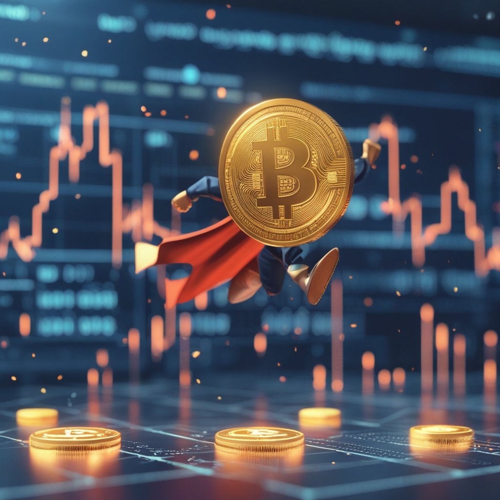 Bitcoin price prediction 2026: A cartoon of a happy Bitcoin coin flying up like a superhero, with a cape and a big smile