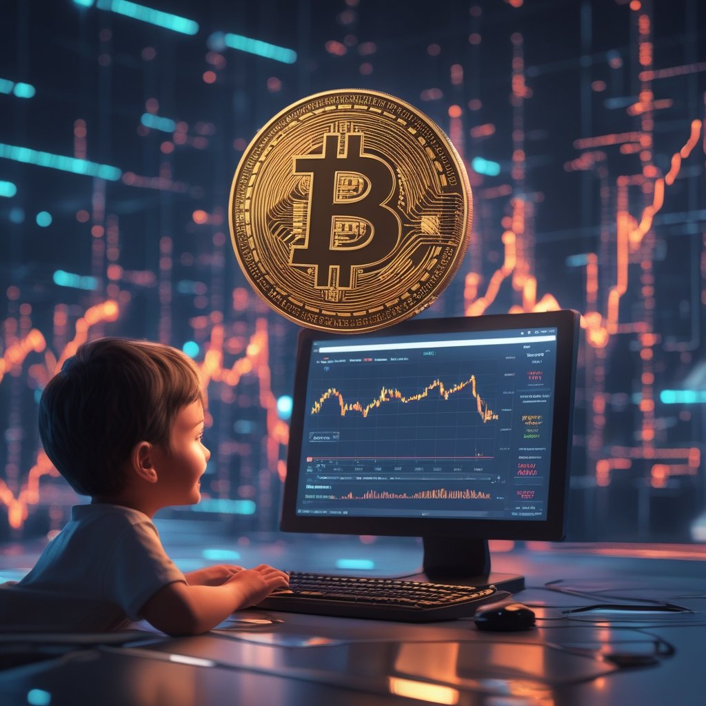 Bitcoin price prediction 2026: A friendly cartoon of a child looking at a computer screen showing Bitcoin going up on a chart