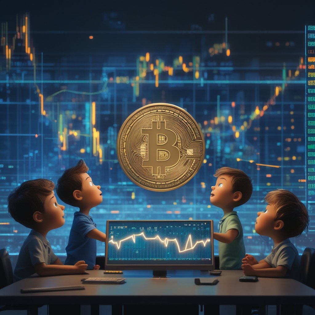 Bitcoin price prediction: A cartoon of kids looking at a big digital screen showing up and down arrows, with confused but curious faces