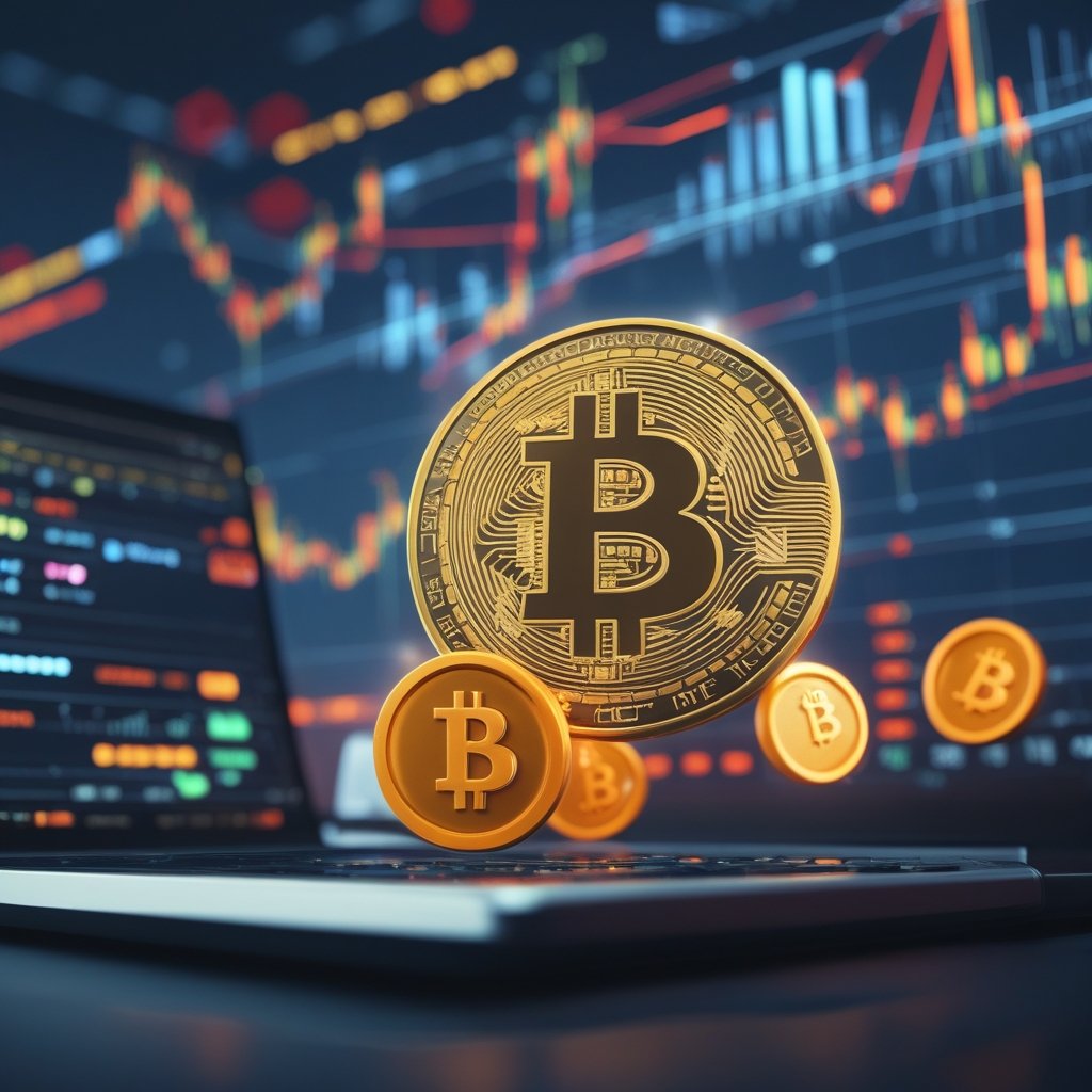 Bitcoin price prediction: A friendly cartoon showing a digital Bitcoin coin floating near a computer screen, with happy faces and simple charts