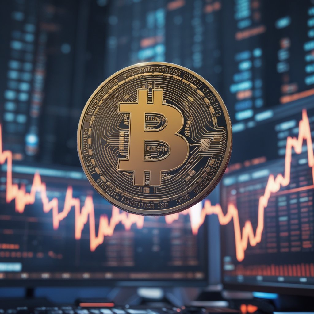 Bitcoin price prediction: A friendly cartoon showing a digital coin with a smiley face, floating above computer screens