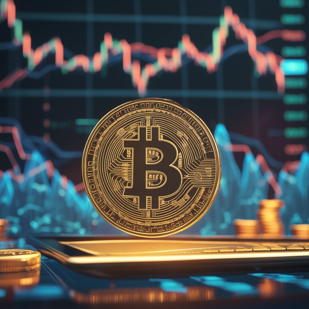 Bitcoin price prediction: A friendly cartoon showing a shiny gold coin labeled Bitcoin floating near a computer