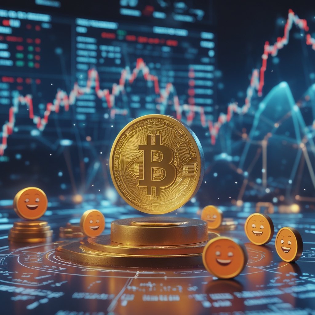 Bitcoin price prediction: A friendly cartoon showing different digital coins with happy faces, like characters in a story