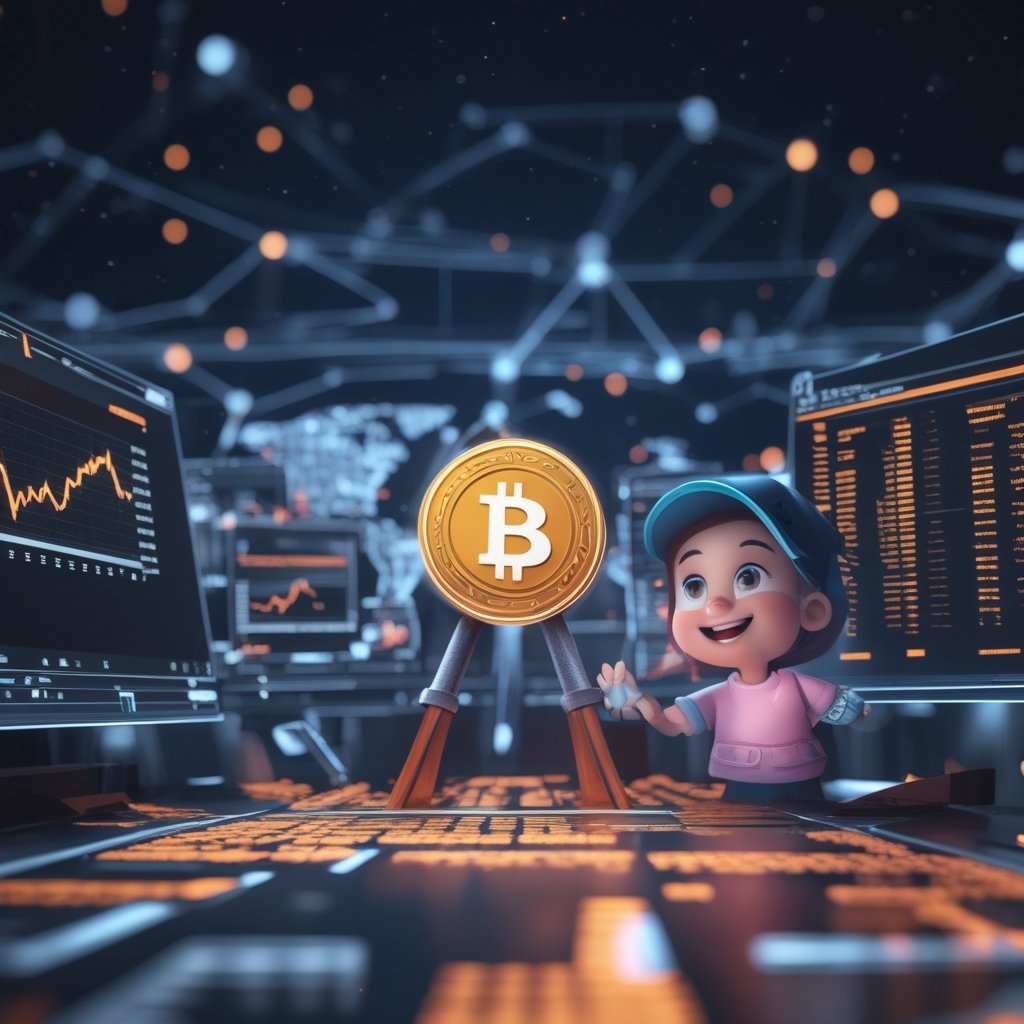 Bitcoin price prediction: A happy cartoon of a child holding a tablet showing a rising Bitcoin chart, with a big smile