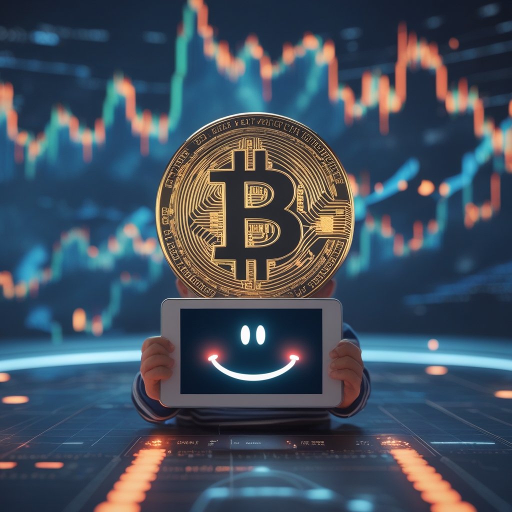 Bitcoin price prediction: A happy cartoon of a child smiling while holding a tablet showing a simple chart with a smiley face