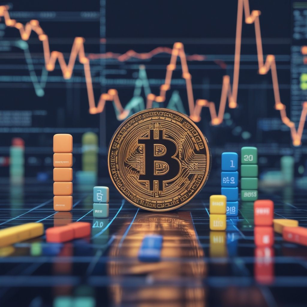 Bitcoin price prediction: A line of colorful dominoes falling, with each domino labeled with the name of a different bank