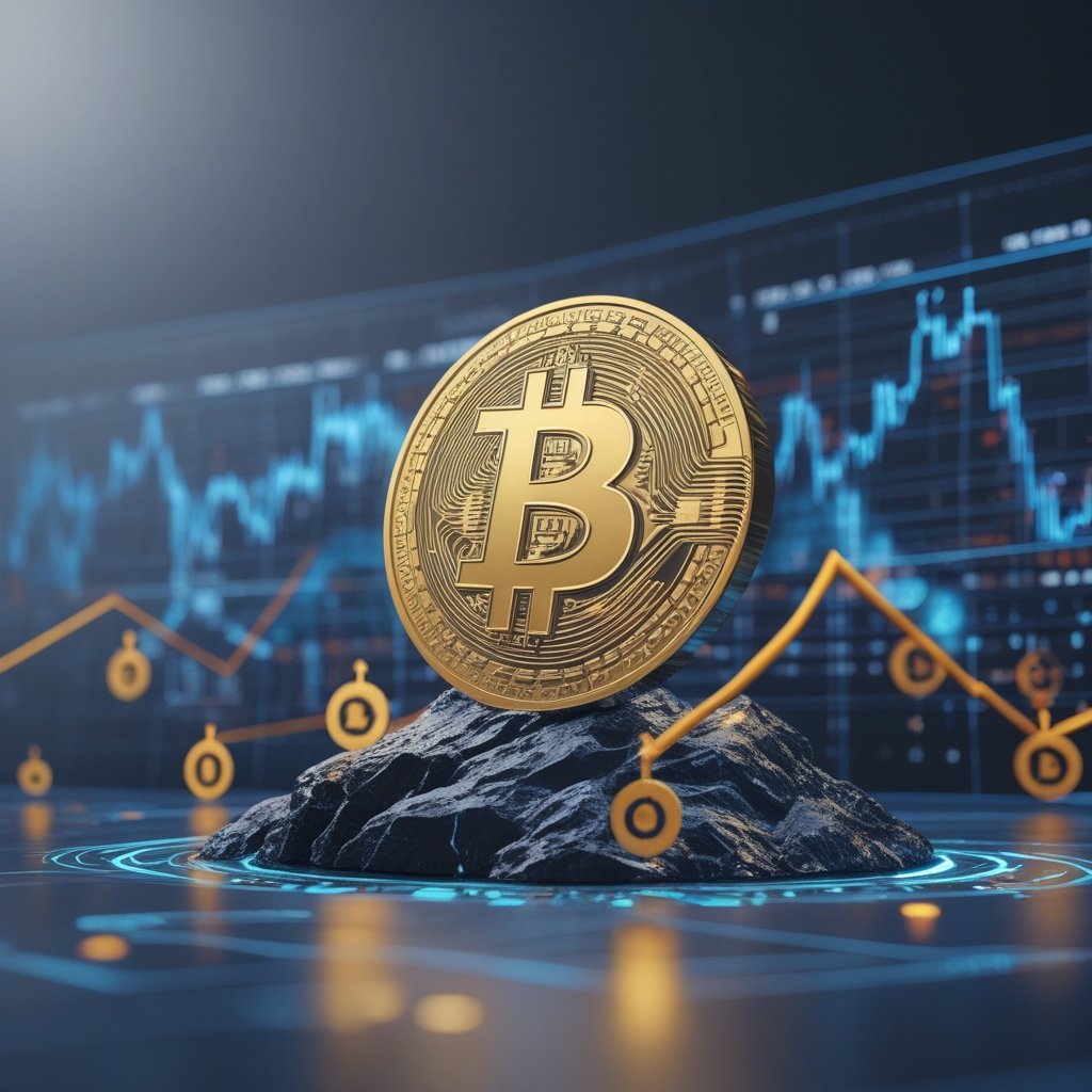 Bitcoin price prediction: A simple cartoon mountain with a digital coin trying to climb to the top, with price numbers on different levels