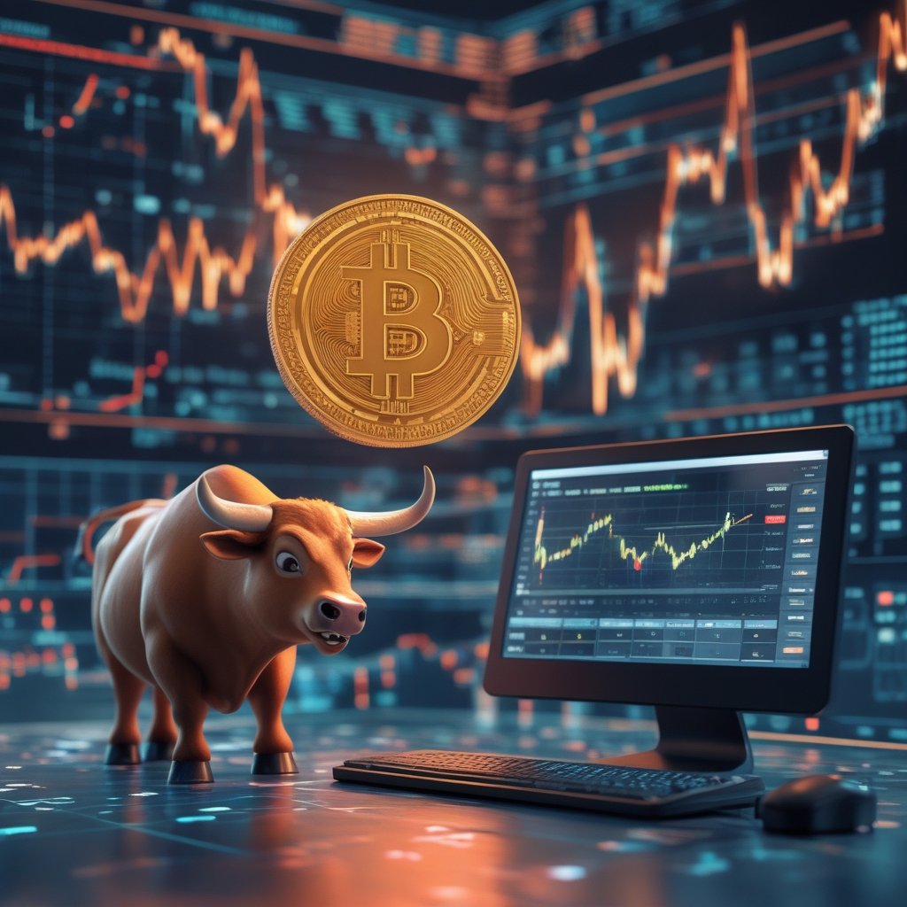 Bitcoin price prediction: A simple cartoon showing a happy bull (representing a bull market) standing next to a computer with Bitcoin symbols, for kids