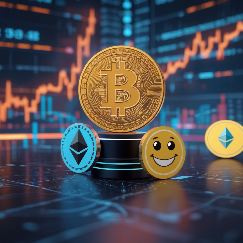 Bitcoin price prediction: A simple, colorful cartoon showing different types of coins (Bitcoin, Ethereum, a meme coin) with happy faces, for kids