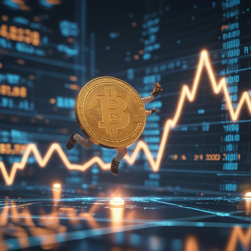 Bitcoin price rally: A cartoon of a smiling Bitcoin coin jumping up on a chart