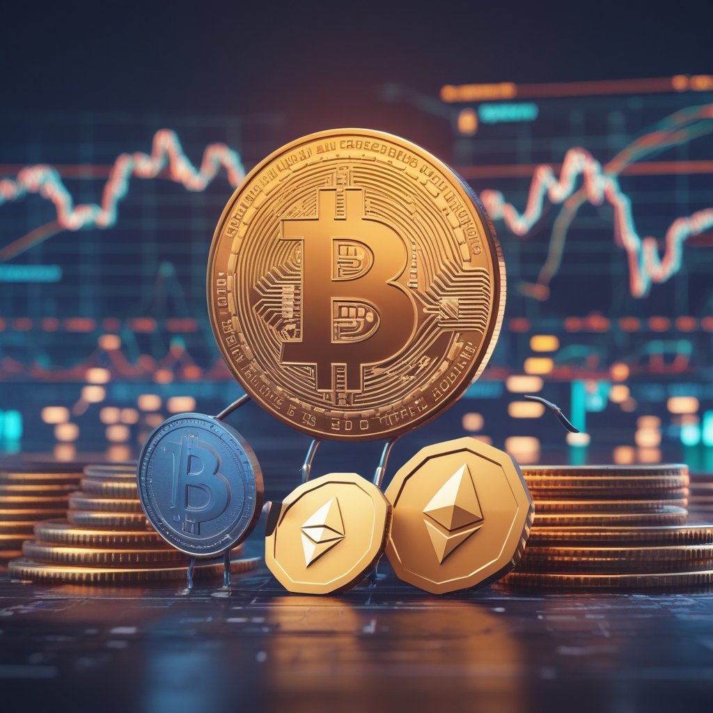 Bitcoin price reaction: A friendly cartoon of different coins – Bitcoin, Ethereum, and a stablecoin – playing together, with the stablecoin being the calm one sitting quietly