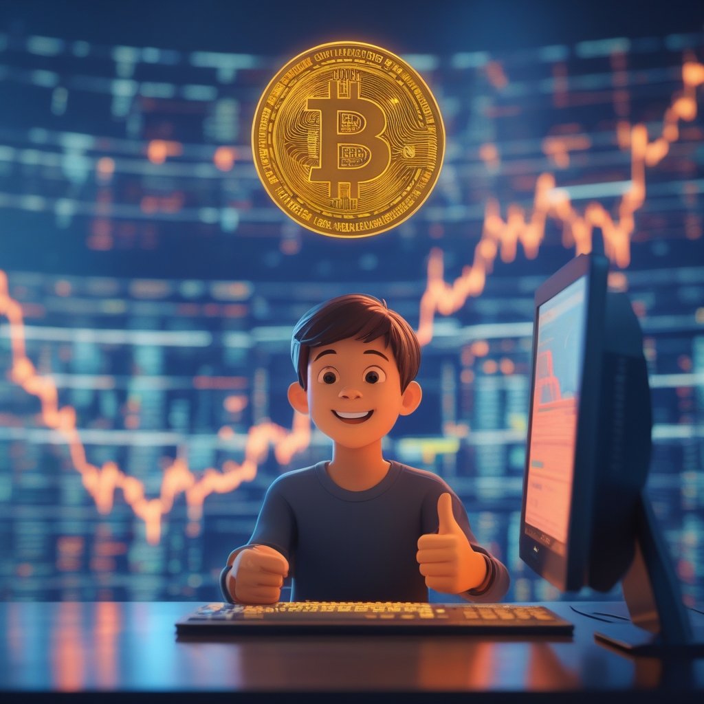 Bitcoin price reaction: A simple cartoon of a child looking at a computer screen showing a rising line for Bitcoin, with a big smile and a thumbs-up