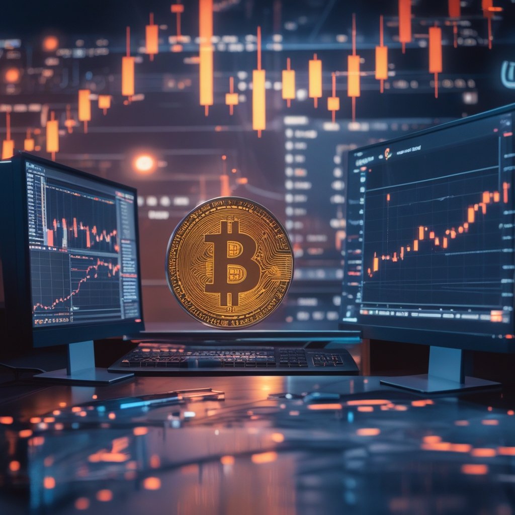 Bitcoin price reaction: A simple cartoon of a computer screen showing a Bitcoin going up and then down, with a friendly bank building smiling nearby