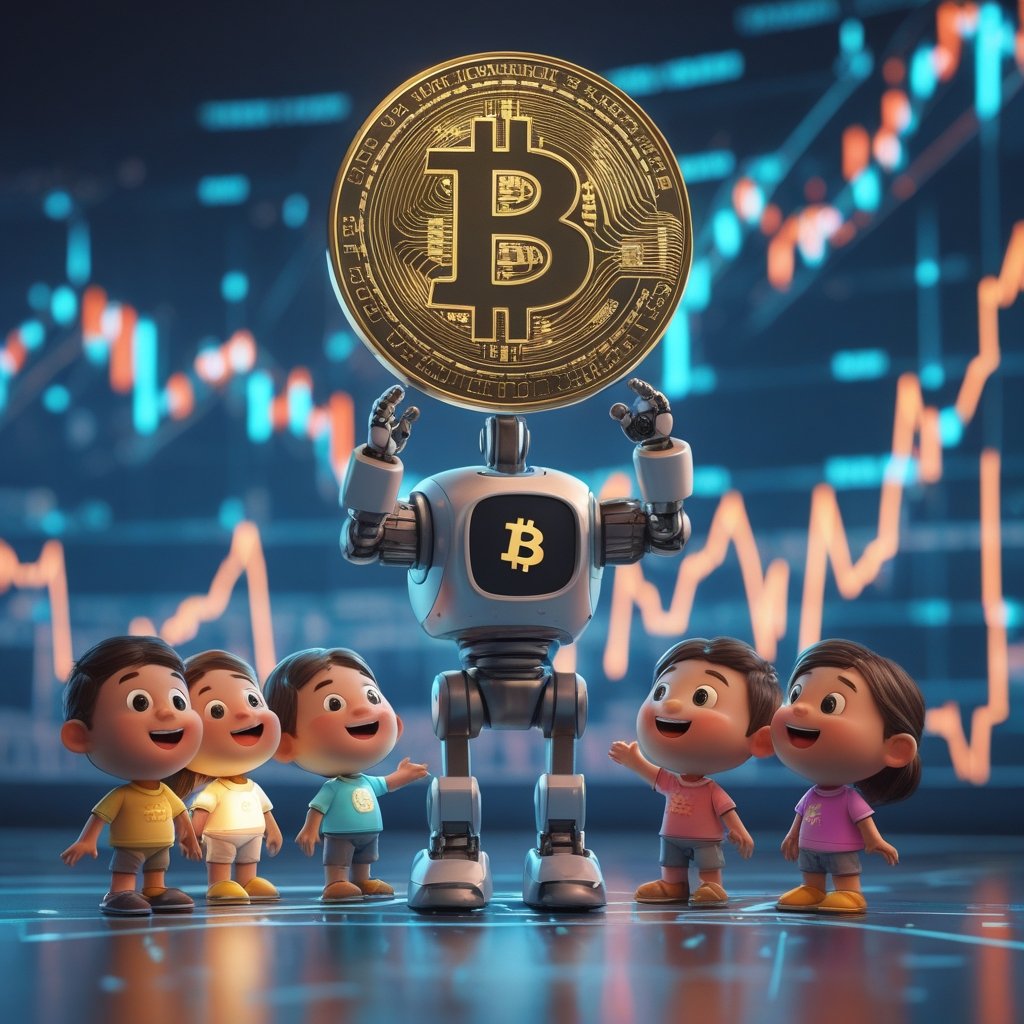 Bitcoin price today: A friendly robot teacher explaining Bitcoin to a group of happy cartoon kids.