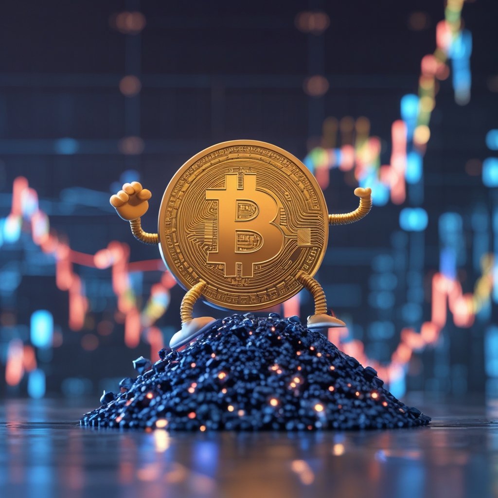 Bitcoin price today: A happy cartoon Bitcoin coin with arms and legs, jumping up a hill of numbers.