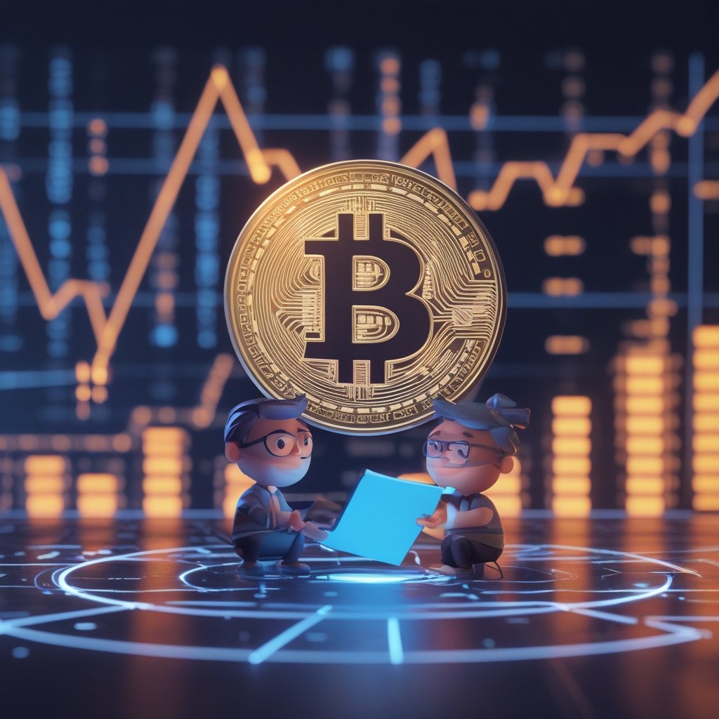 Bitcoin price today: Cartoon characters using a blockchain notebook to write down who gave whom a digital sticker.