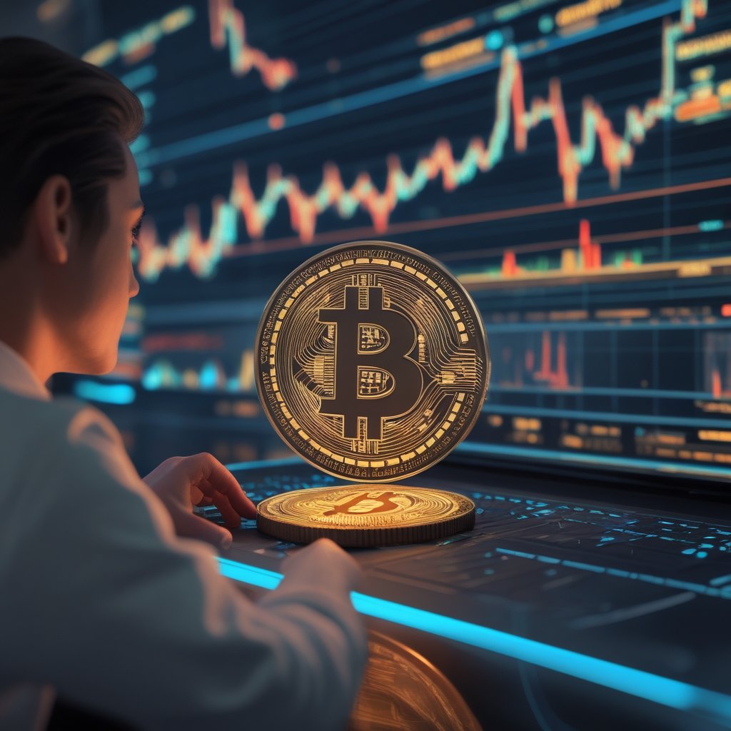 Bitcoin production cost: Investor looking at a dashboard with Bitcoin charts and portfolio allocation pie chart