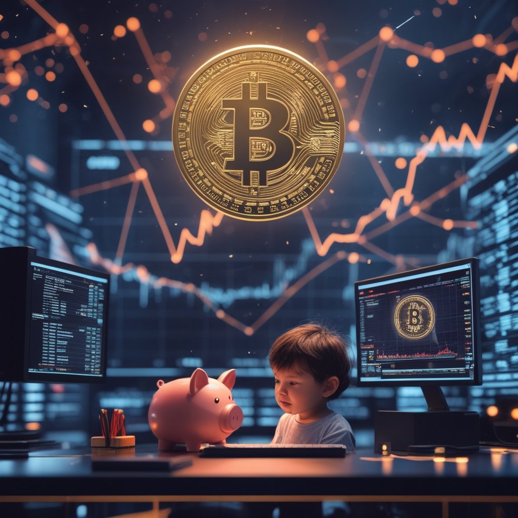 Bitcoin profit metric: A simple cartoon of a child with a piggy bank and a computer showing Bitcoin symbols