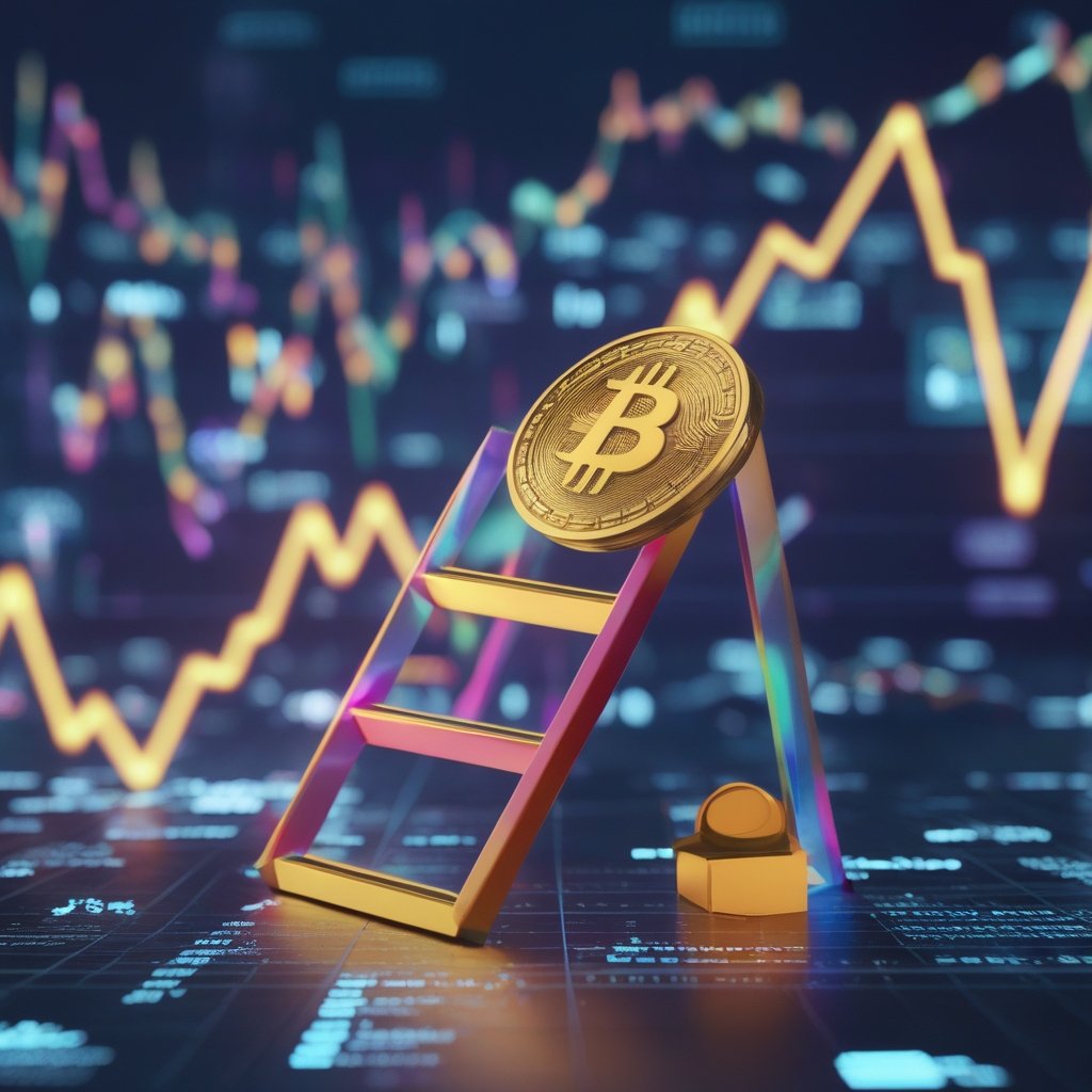Bitcoin rally: A colorful cartoon ladder with one step highlighted in gold, showing the concept of strong support levels like Fibonacci support.