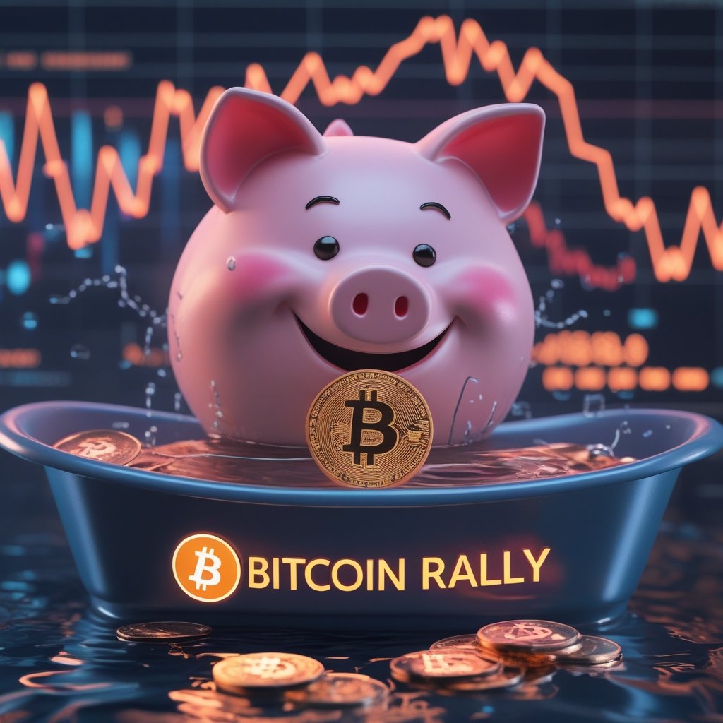 Bitcoin rally: A friendly giant piggy bank with a smiling face, pouring coins into a bathtub full of water, representing the Fed adding liquidity.