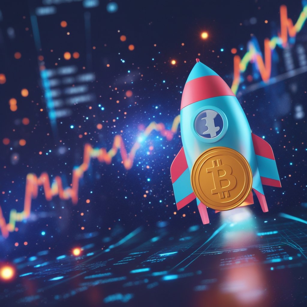 Bitcoin rally: A simple, colorful cartoon of a rocket ship labeled 'Bitcoin' blasting off into a starry sky, illustrating the idea of a rally.