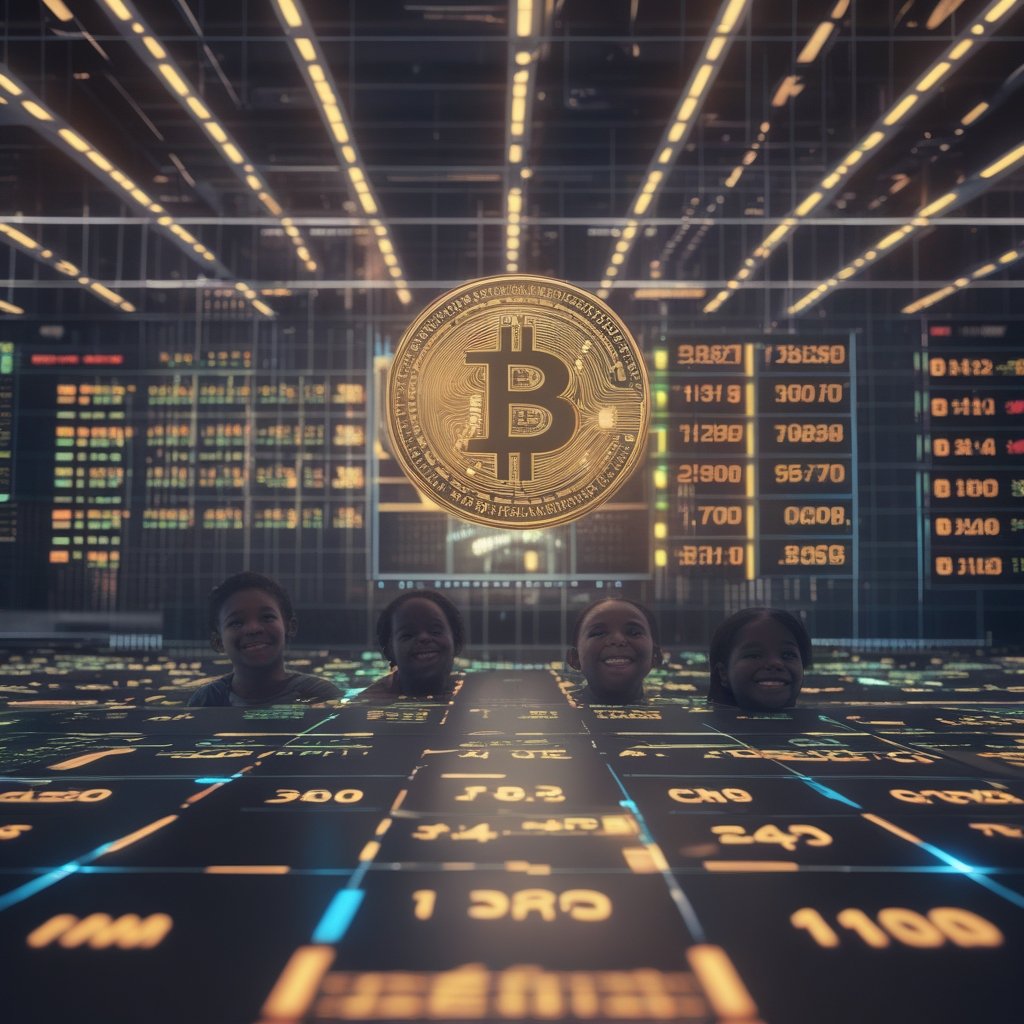 Bitcoin rebound: Children looking at a big scoreboard with happy faces as numbers go up