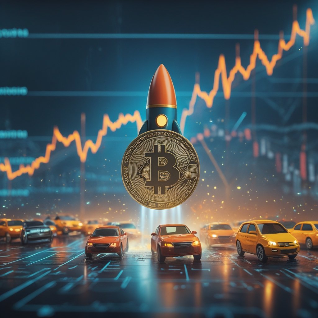 Bitcoin strategy backfire: A cartoon of a rocket labeled 'Bitcoin' that starts to fall down while many toy cars labeled 'companies' crash behind it