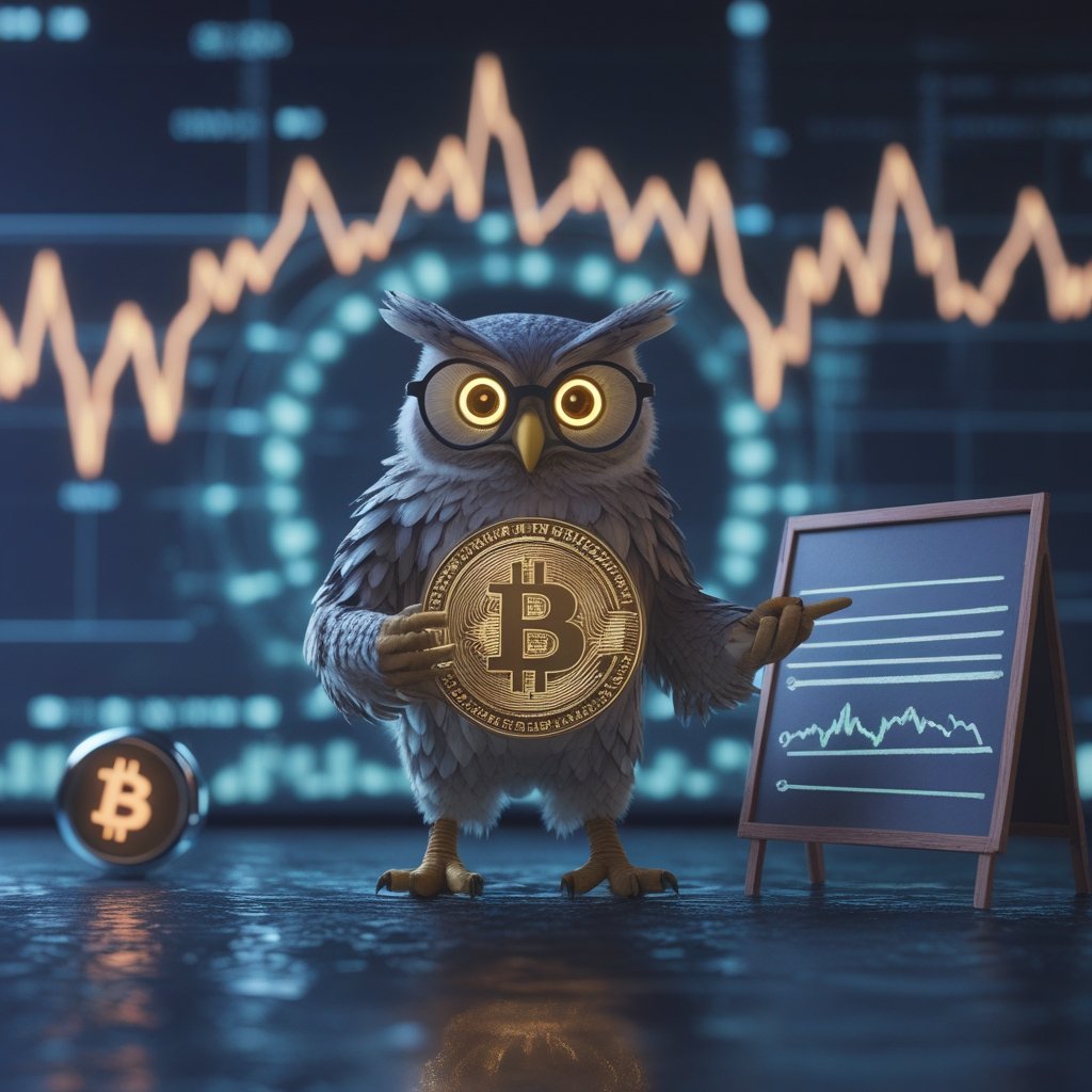 Bitcoin strategy backfire: A friendly cartoon owl wearing glasses, pointing to a chalkboard with simple lessons about money