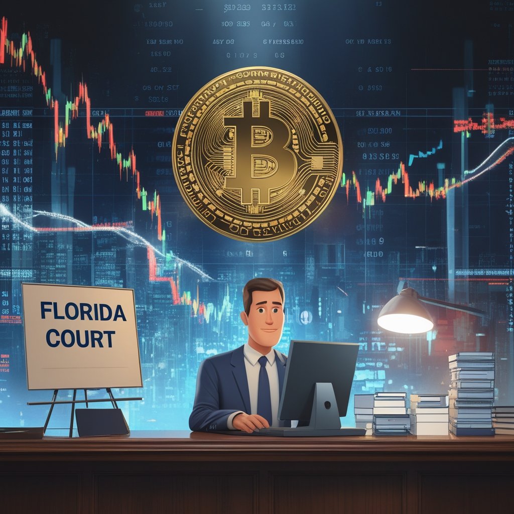 Bitcoin theft lawsuit: A cartoon court scene with a judge, a man holding a computer, and a sign that says 'Florida Court'