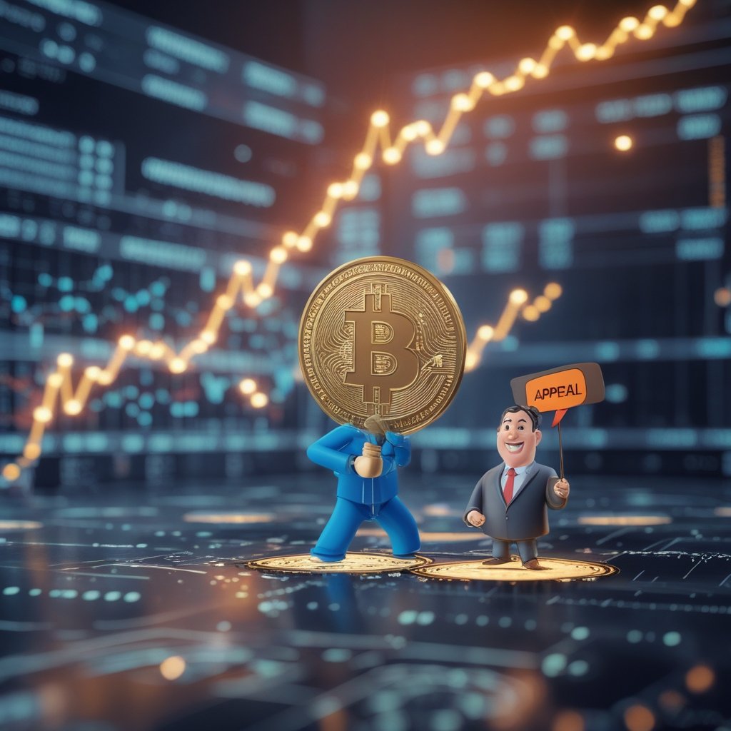 Bitcoin theft lawsuit: A cartoon with a happy man holding a paper that says 'APPEAL' and a judge smiling