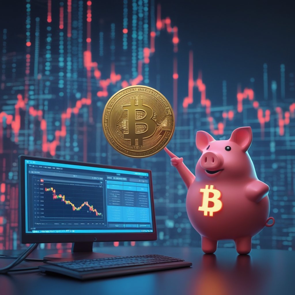 Bitcoin trading lower: A friendly cartoon teacher with a piggy bank, pointing at a computer screen showing a falling Bitcoin