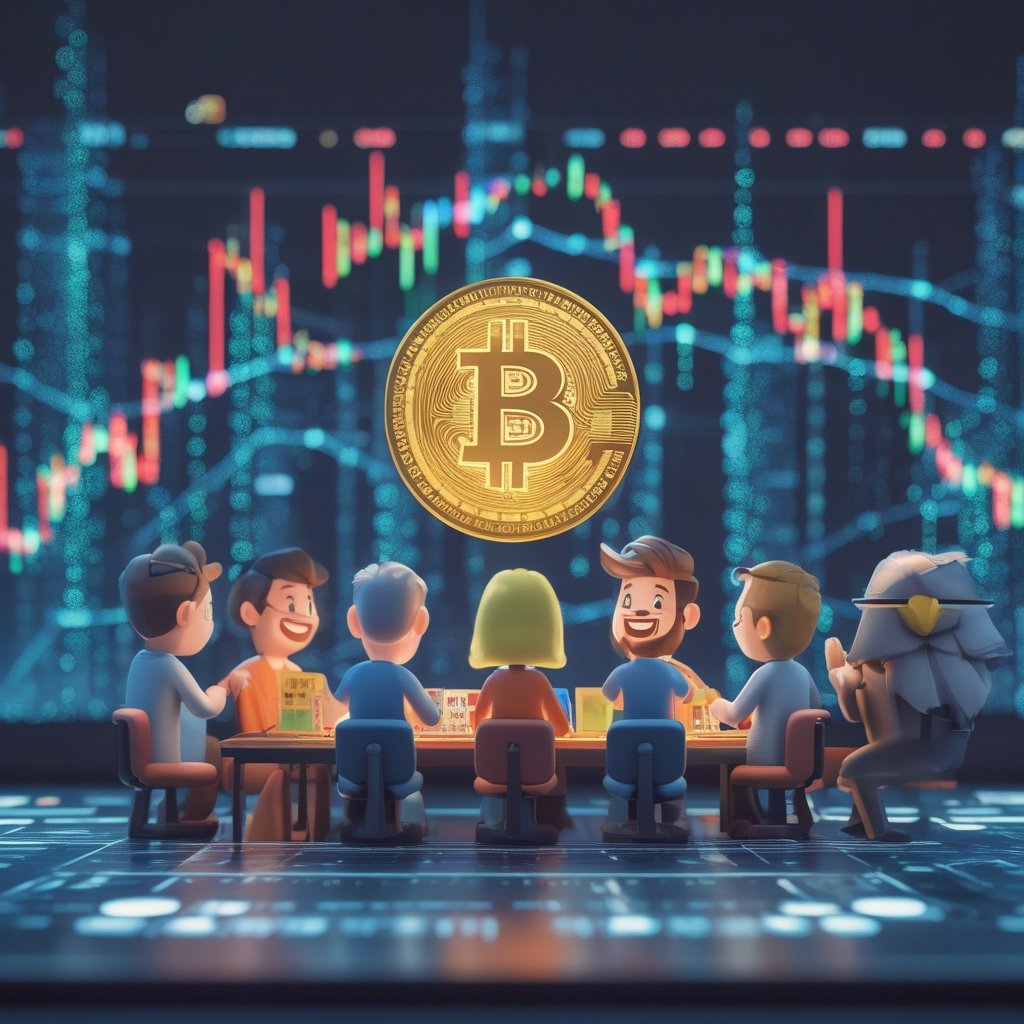 Bitcoin trading lower: A group of cartoon characters agreeing on a board game, smiling