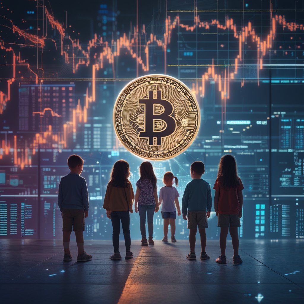 Bitcoin trading lower: Children waiting in line at a playground slide, looking unsure