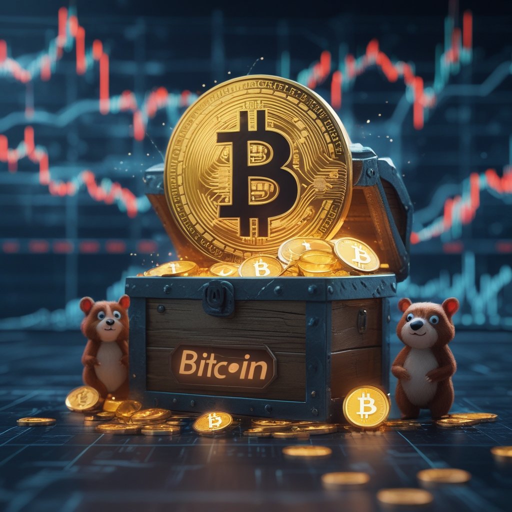 Bitcoin treasury firms: A cartoon of a treasure chest full of glowing digital coins labeled Bitcoin, with friendly animals guarding it