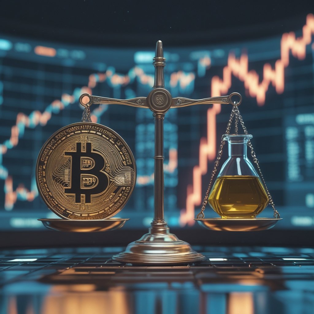 Bitcoin treasury firms: A cartoon scale with Bitcoin on one side and oil on the other, balanced and equal
