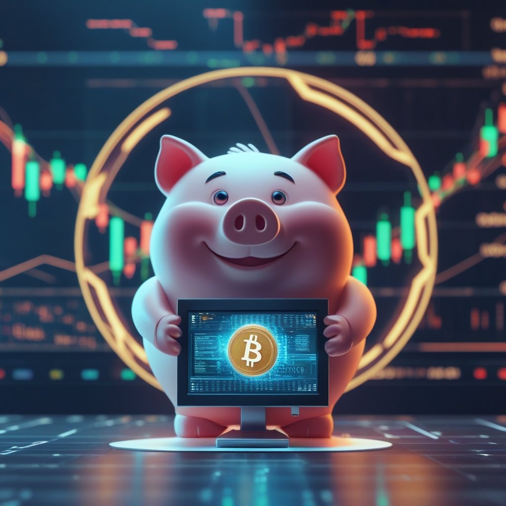 Bitcoin treasury firms: A friendly cartoon of a big piggy bank with a computer inside, smiling and holding a Bitcoin coin